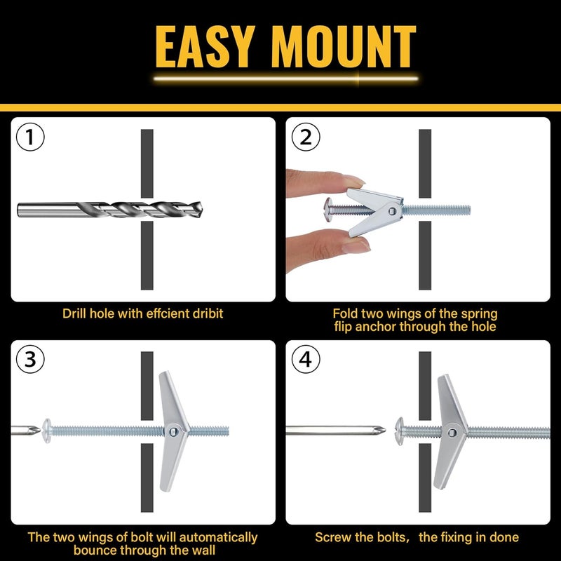 MadYiboshi 28PCS Toggle Bolts, Wing Nuts, Heavy Duty Hollow Wall Anchors for Drywall Ceiling, 3 Sizes Butterfly Anchors (1/4" 3/16" 1/8") for Hang Shelves, Heavy Fixtures, Metal Drywall Anchor and Screws Kit - Image 4